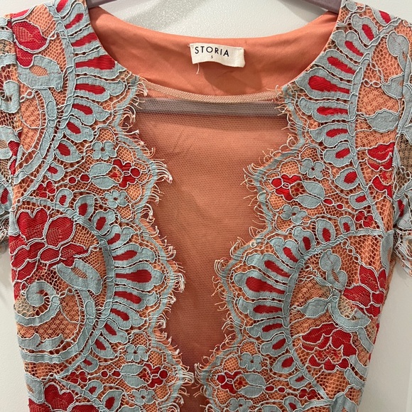 Storia Elegant Lace Midi Dress in Coral and Light Blue - Picture 3 of 9